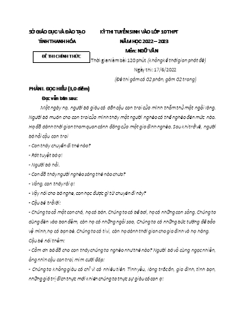 Kỳ thi tuyển sinh vào Lớp 10 THPT môn Ngữ văn - Năm học 2022-2023 - Sở GD&ĐT Thanh Hóa (Có đáp án)