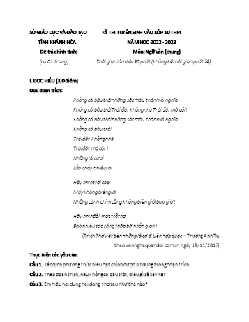 Kỳ thi tuyển sinh vào Lớp 10 THPT môn Ngữ văn - Năm học 2022-2023 - Sở GD&ĐT Khánh Hòa (Có đáp án)