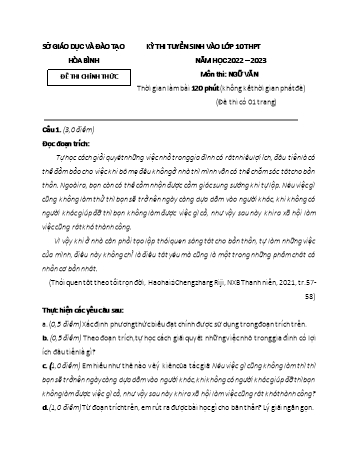 Kỳ thi tuyển sinh vào Lớp 10 THPT môn Ngữ văn - Năm học 2022-2023 - Sở GD&ĐT Hòa Bình (Có đáp án)