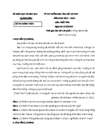 Kỳ thi tuyển sinh vào Lớp 10 THPT môn Ngữ văn - Năm học 2022-2023 - Sở GD&ĐT Quảng Bình (Có đáp án)