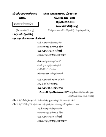 Kỳ thi tuyển sinh vào Lớp 10 THPT môn Ngữ văn - Năm học 2022-2023 - Sở GD&ĐT Sơn La (Có đáp án)
