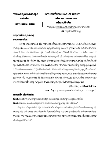 Kỳ thi tuyển sinh vào Lớp 10 THPT môn Ngữ văn - Năm học 2022-2023 - Sở GD&ĐT Phú Yên (Có đáp án)