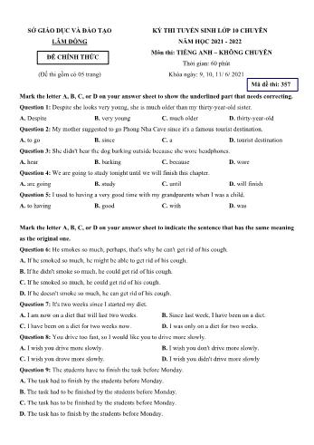 Kỳ thi tuyển sinh vào Lớp 10 THPT môn Tiếng Anh (Không chuyên) - Mã đề 357 - Năm học 2021-2022 - Sở GD&ĐT Lâm Đồng (Có hướng dẫn giải chi tiết)
