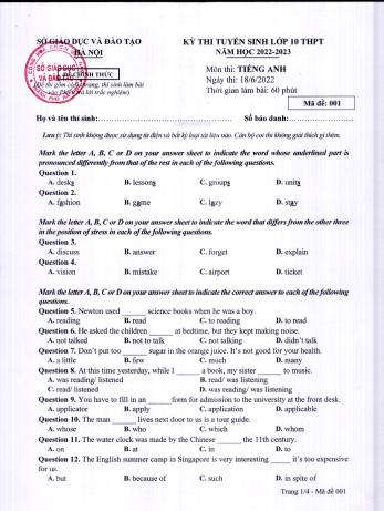 Kỳ thi tuyển sinh vào Lớp 10 THPT môn Tiếng Anh - Mã đề 003 - Năm học 2022-2023 - Sở GD&ĐT Hà Nội (Có đáp án)