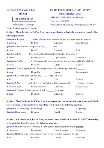Kỳ thi tuyển sinh vào Lớp 10 THPT môn Tiếng Anh - Mã đề 119 - Năm học 2021-2022 - Sở GD&ĐT Hà Nội (Có hướng dẫn giải chi tiết)
