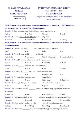 Kỳ thi tuyển sinh vào Lớp 10 THPT môn Tiếng Anh - Mã đề 952 - Năm học 2021-2022 - Sở GD&ĐT Nghệ An (Có hướng dẫn giải chi tiết)