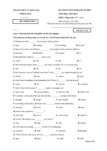 Kỳ thi tuyển sinh vào Lớp 10 THPT môn Tiếng Anh - Năm học 2021-2022 - Sở GD&ĐT Vĩnh Long (Có đáp án)