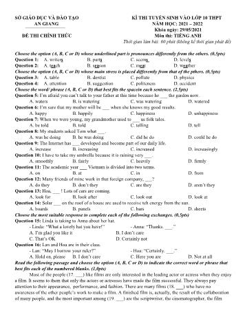 Kỳ thi tuyển sinh vào Lớp 10 THPT môn Tiếng Anh - Năm học 2021-2022 - Sở GD&ĐT An Giang (Có đáp án)