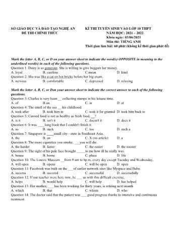 Kỳ thi tuyển sinh vào Lớp 10 THPT môn Tiếng Anh - Năm học 2021-2022 - Sở GD&ĐT Nghệ An (Có đáp án)