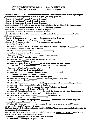 Kỳ thi tuyển sinh vào Lớp 10 THPT môn Tiếng Anh - Năm học 2023-2024 - Sở GD&ĐT Nghệ An (Có đáp án)