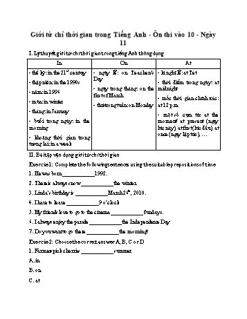 Ôn thi vào Lớp 10 môn Tiếng Anh - Giới từ chỉ thời gian (Có đáp án)