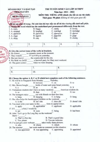 Đề tham khảo thi thử tuyển sinh vào Lớp 10 môn Tiếng Anh - Năm học 2021-2022 - Sở GD&ĐT Thái Nguyên