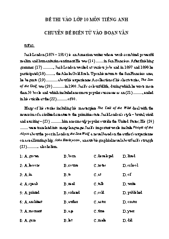 Đề thi vào Lớp 10 môn Tiếng Anh - Chuyên đề: Điền từ vào đoạn văn