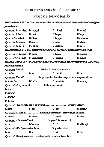 Đề thi vào Lớp 10 môn Tiếng Anh - Năm học 2022-2023 - Sở GD&ĐT Nghệ An (Kèm đáp án)