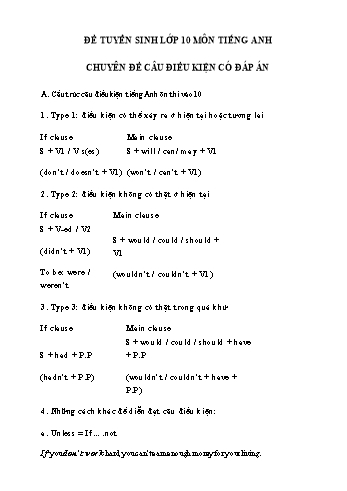 Đề tuyển sinh Lớp 10 môn Tiếng Anh - Chuyên đề: Câu điều kiện (Có đáp án)