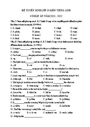Đề tuyển sinh vào Lớp 10 môn Tiếng Anh - Đề số 3 - Năm học 2021-2022 (Có đáp án)