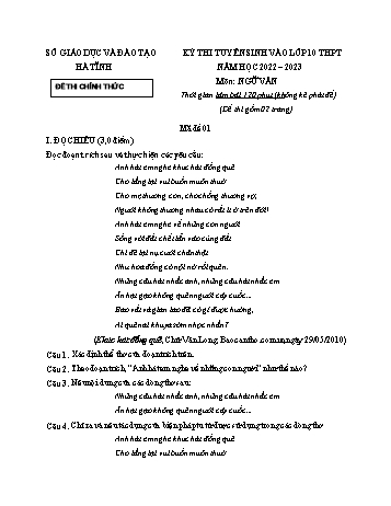 Kỳ thi tuyển sinh vào Lớp 10 THPT Ngữ văn - Mã đề 01 - Năm học 2022-2023 - Sở GD&ĐT Hà Tĩnh (Có hướng dẫn chấm)