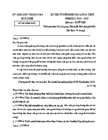 Kỳ thi tuyển sinh vào Lớp 10 THPT Ngữ văn - Năm học 2022-2023 - Sở GD&ĐT Hòa Bình (Có hướng dẫn chấm)