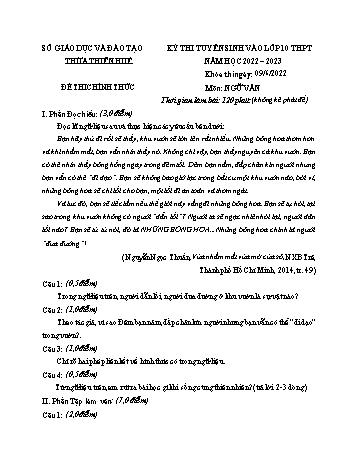 Kỳ thi tuyển sinh vào Lớp 10 THPT Ngữ văn - Năm học 2022-2023 - Sở GD&ĐT Thừa Thiên Huế (Có hướng dẫn chấm)