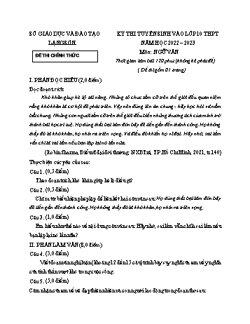 Kỳ thi tuyển sinh vào Lớp 10 THPT Ngữ văn - Năm học 2022-2023 - Sở GD&ĐT Lạng Sơn (Có hướng dẫn chấm)