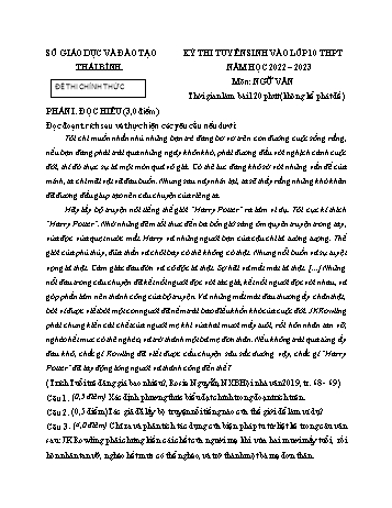 Kỳ thi tuyển sinh vào Lớp 10 THPT Ngữ văn - Năm học 2022-2023 - Sở GD&ĐT Thái Bình (Có hướng dẫn chấm)