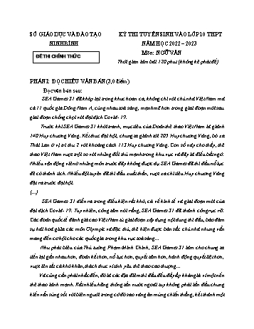Kỳ thi tuyển sinh vào Lớp 10 THPT Ngữ văn - Năm học 2022-2023 - Sở GD&ĐT Ninh Bình (Có hướng dẫn chấm)