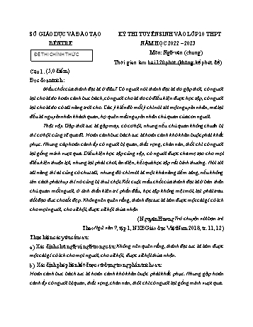 Kỳ thi tuyển sinh vào Lớp 10 THPT Ngữ văn - Năm học 2022-2023 - Sở GD&ĐT Bến Tre (Có hướng dẫn chấm)