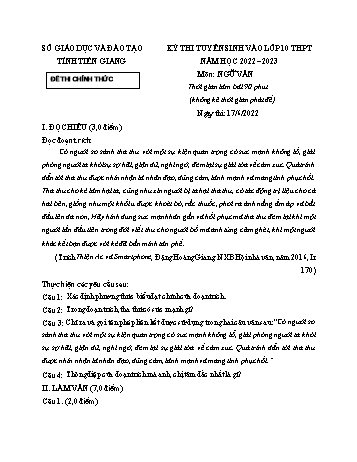 Kỳ thi tuyển sinh vào Lớp 10 THPT Ngữ văn - Năm học 2022-2023 - Sở GD&ĐT Tiền Giang (Có hướng dẫn chấm)