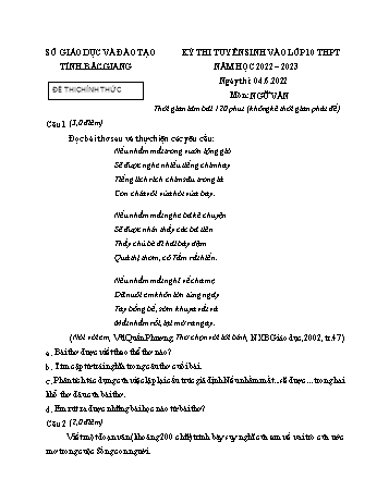 Kỳ thi tuyển sinh vào Lớp 10 THPT Ngữ văn - Năm học 2022-2023 - Sở GD&ĐT Bắc Giang (Có hướng dẫn chấm)