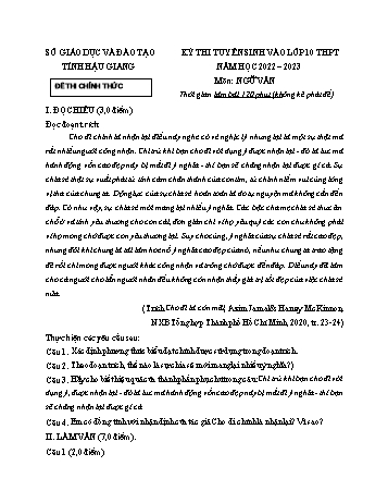 Kỳ thi tuyển sinh vào Lớp 10 THPT Ngữ văn - Năm học 2022-2023 - Sở GD&ĐT Hậu Giang (Có hướng dẫn chấm)