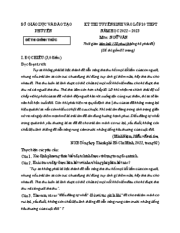 Kỳ thi tuyển sinh vào Lớp 10 THPT Ngữ văn - Năm học 2022-2023 - Sở GD&ĐT Phú Yên (Có hướng dẫn chấm)