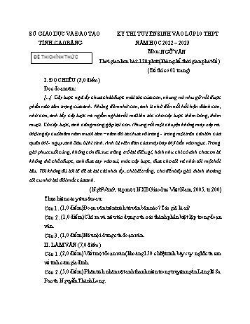 Kỳ thi tuyển sinh vào Lớp 10 THPT Ngữ văn - Năm học 2022-2023 - Sở GD&ĐT Cao Bằng (Có hướng dẫn chấm)