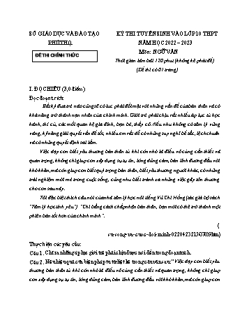 Kỳ thi tuyển sinh vào Lớp 10 THPT Ngữ văn - Năm học 2022-2023 - Sở GD&ĐT Phú Thọ (Có hướng dẫn chấm)