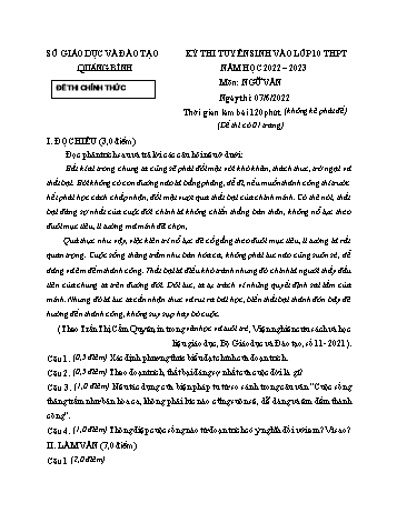 Kỳ thi tuyển sinh vào Lớp 10 THPT Ngữ văn - Năm học 2022-2023 - Sở GD&ĐT Quảng Bình (Có hướng dẫn chấm)