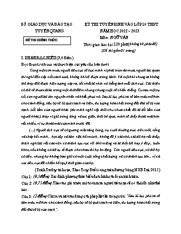 Kỳ thi tuyển sinh vào Lớp 10 THPT Ngữ văn - Năm học 2022-2023 - Sở GD&ĐT Tuyên Quang (Có hướng dẫn chấm)