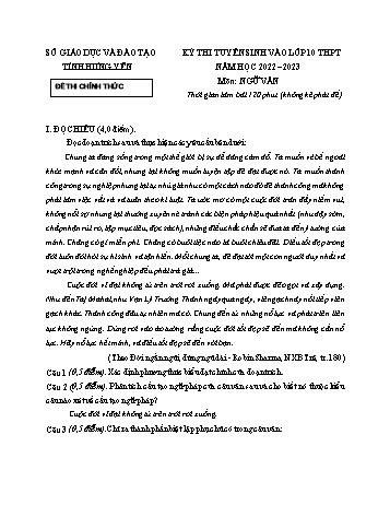 Kỳ thi tuyển sinh vào Lớp 10 THPT Ngữ văn - Năm học 2022-2023 - Sở GD&ĐT Hưng Yên (Có hướng dẫn chấm)