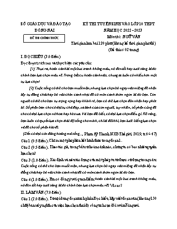 Kỳ thi tuyển sinh vào Lớp 10 THPT Ngữ văn - Năm học 2022-2023 - Sở GD&ĐT Đồng Nai (Có hướng dẫn chấm)