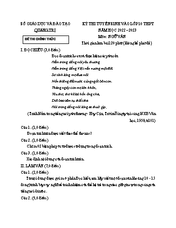 Kỳ thi tuyển sinh vào Lớp 10 THPT Ngữ văn - Năm học 2022-2023 - Sở GD&ĐT Quảng Trị (Có hướng dẫn chấm)