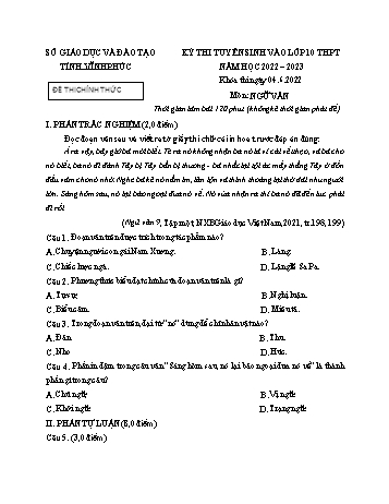Kỳ thi tuyển sinh vào Lớp 10 THPT Ngữ văn - Năm học 2022-2023 - Sở GD&ĐT Vĩnh Phúc (Có hướng dẫn chấm)