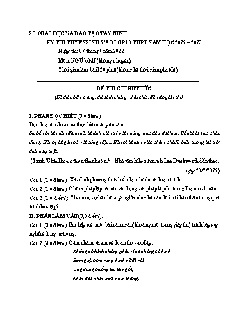 Kỳ thi tuyển sinh vào Lớp 10 THPT Ngữ văn - Năm học 2022-2023 - Sở GD&ĐT Tây Ninh (Có hướng dẫn chấm)