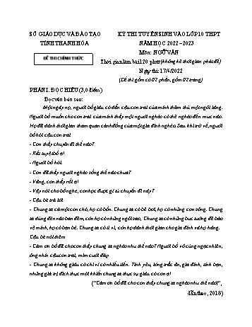 Kỳ thi tuyển sinh vào Lớp 10 THPT Ngữ văn - Năm học 2022-2023 - Sở GD&ĐT Thanh Hóa (Có hướng dẫn chấm)