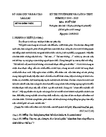 Kỳ thi tuyển sinh vào Lớp 10 THPT Ngữ văn - Năm học 2022-2023 - Sở GD&ĐT Lào Cai (Có hướng dẫn chấm)