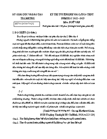 Kỳ thi tuyển sinh vào Lớp 10 THPT Ngữ văn - Năm học 2022-2023 - Sở GD&ĐT Cần Thơ (Có hướng dẫn chấm)