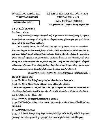 Kỳ thi tuyển sinh vào Lớp 10 THPT Ngữ văn - Năm học 2022-2023 - Sở GD&ĐT Thái Nguyên (Có hướng dẫn chấm)