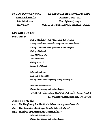 Kỳ thi tuyển sinh vào Lớp 10 THPT Ngữ văn - Năm học 2022-2023 - Sở GD&ĐT Khánh Hòa (Có hướng dẫn chấm)