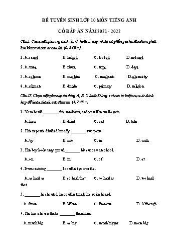 Tuyển sinh vào Lớp 10 môn Tiếng Anh - Đề số 1 - Năm học 2021-2022 (Có đáp án)