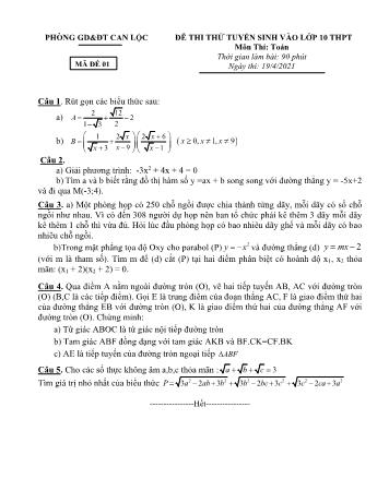 2 Đề thi thử tuyển sinh vào Lớp 10 THPT môn Toán năm 2021 - Phòng GD và ĐT Can Lộc (Có đáp án)