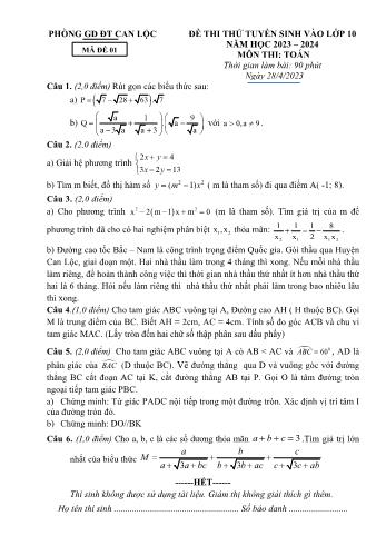 2 Đề thi thử tuyển sinh vào Lớp 10 THPT môn Toán - Năm học 2023-2024 - Phòng Giáo dục và Đào tạo Can Lộc (Có đáp án)