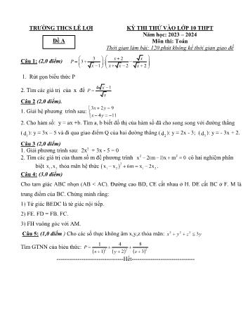 2 Đề thi thử vào Lớp 10 THPT môn Toán - Năm học 2023-2024 - Trường THCS Lê Lợi (Có đáp án)