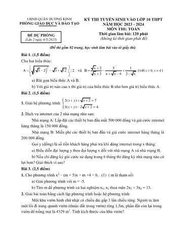 Đề dự phòng thi vào Lớp 10 THPT môn Toán - Năm học 2023-2024 - Trường Phòng Giáo dục và Đào tạo Dương Kinh (Có đáp án)